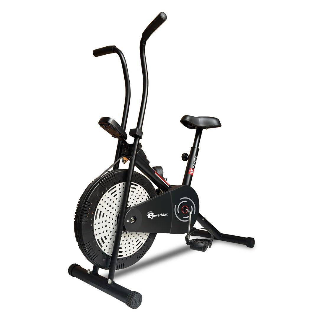 PowerMax Fitness BA-130 Air Bike Exercise Cycle for Home-Gym Workout with 1.5kg Fly wheel, Non-Slip Pedals |Fixed Handle Gym Bike for Max user 120kg, Belt Drive, Adjustable seat-Black